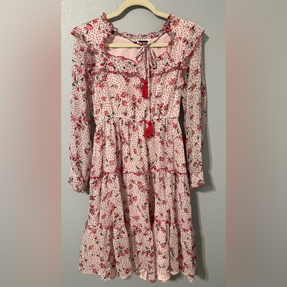 Antheaa Pink Floral Swiss Dot Midi Dress Ruffle Trim Tassel Tie Cottagecore XL - Picture 11 of 12